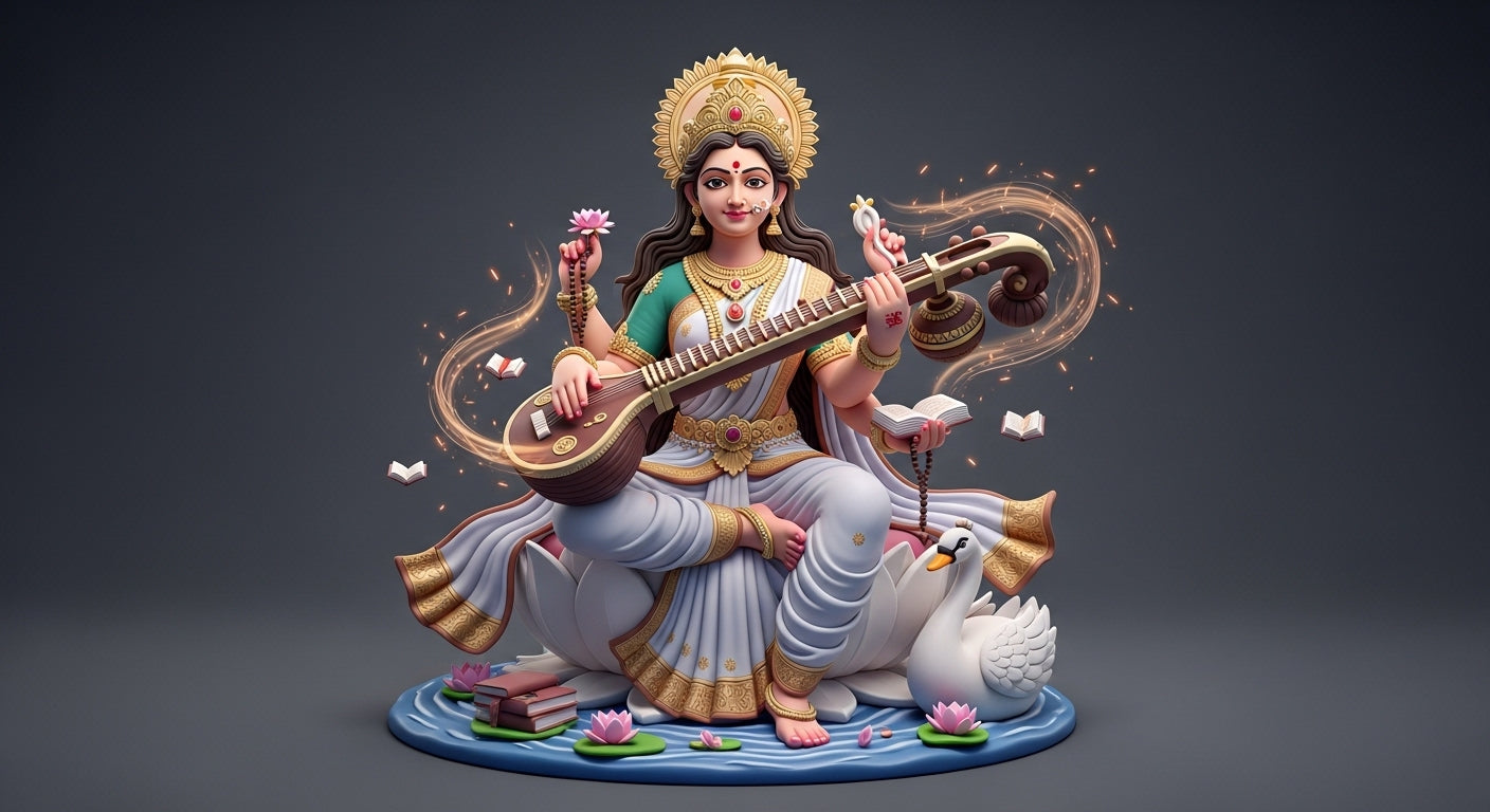 🎶 Divine Wisdom 3D Sculpture – Goddess Saraswati Ji, The Embodiment of Knowledge & Grace 🪷✨