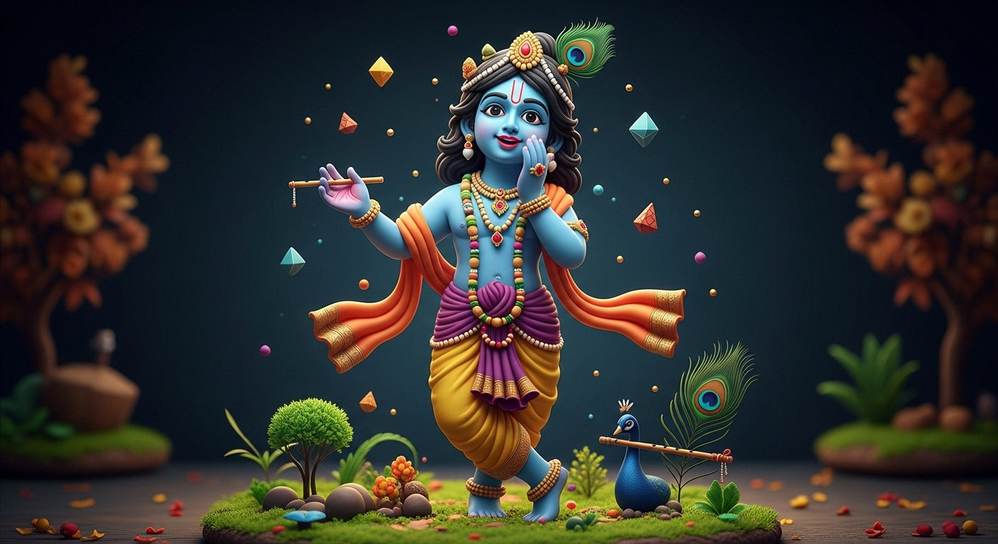 🌸 Cute Shri Krishna Ji 3D Eco-Friendly Idol – With Flute, Peacock & Nature Base 🌿✨