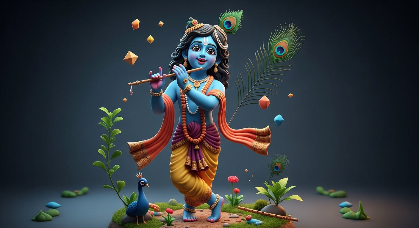 🌸 Cute Shri Krishna Ji 3D Eco-Friendly Idol – With Flute, Peacock & Nature Base 🌿✨