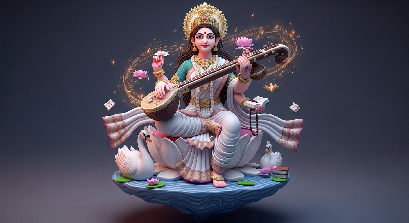 🎶 Divine Wisdom 3D Sculpture – Goddess Saraswati Ji, The Embodiment of Knowledge & Grace 🪷✨