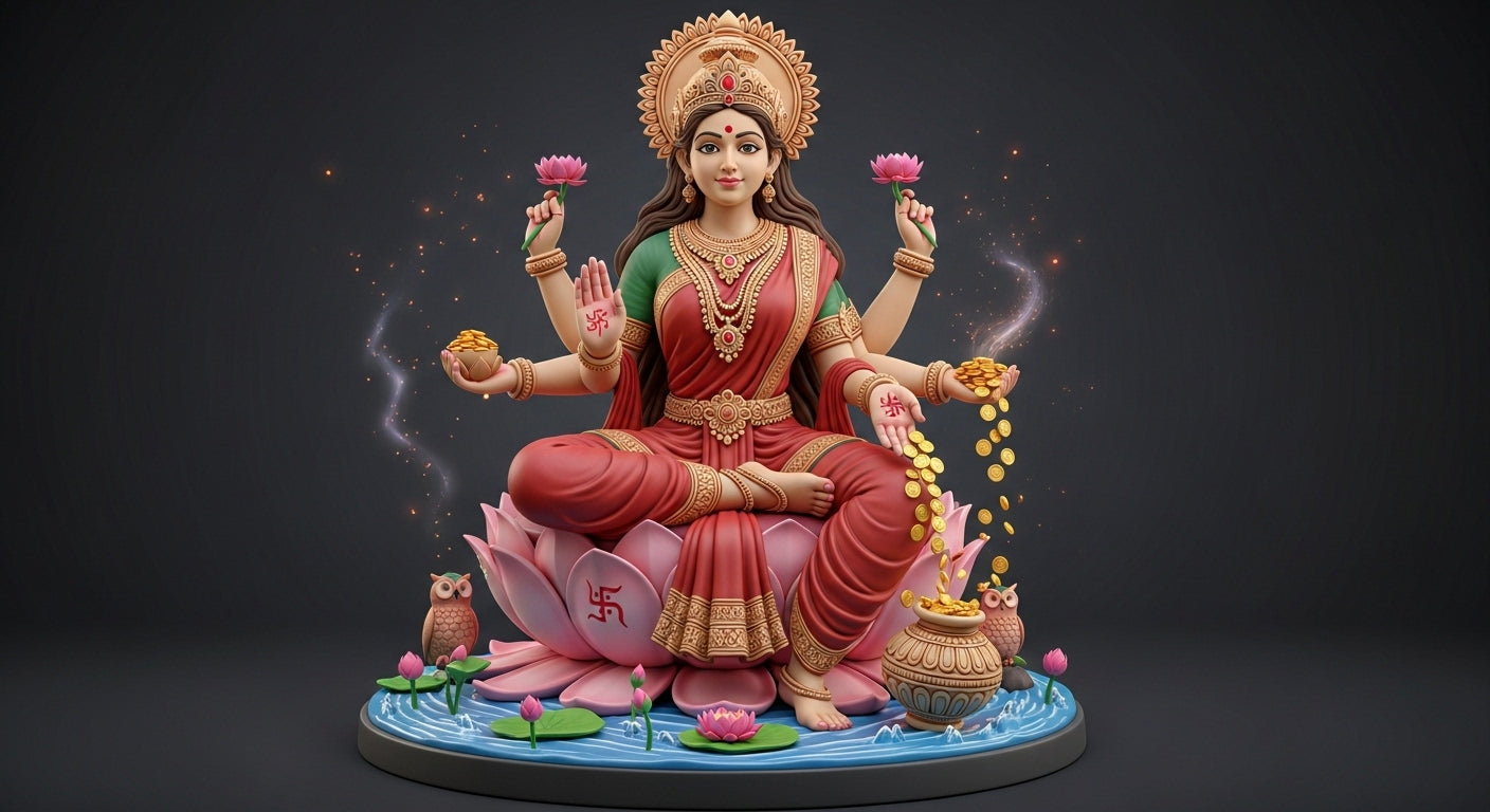 🌸 Goddess Lakshmi Ji 3D Eco-Friendly Idol – Seated on Lotus with Gold Flow & Divine Grace 🌷✨