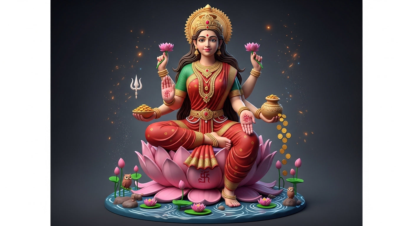 🌸 Goddess Lakshmi Ji 3D Eco-Friendly Idol – Seated on Lotus with Gold Flow & Divine Grace 🌷✨